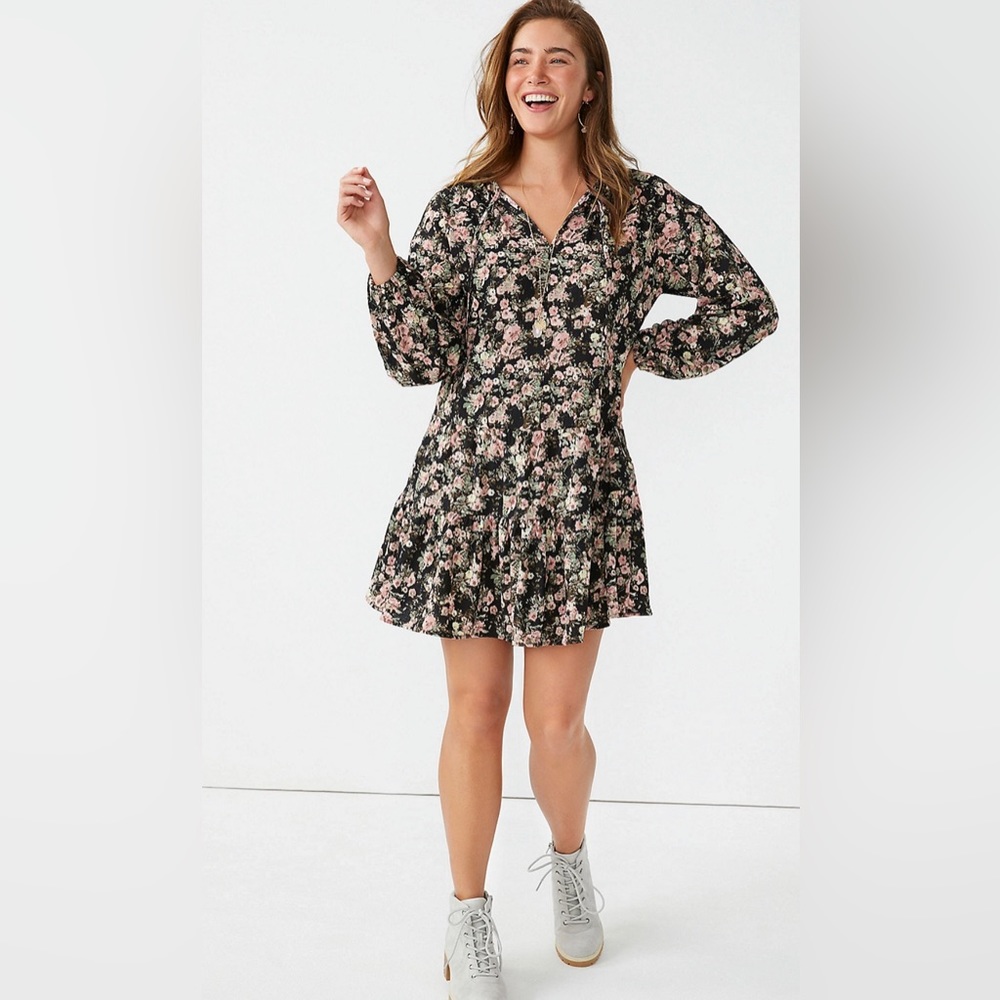 NWT Black Floral Babydoll Mini Dress